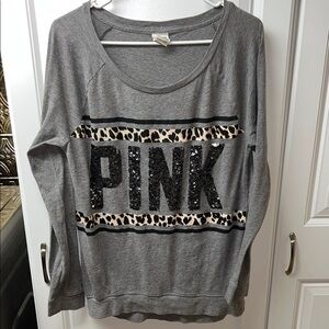 PINK Gray Long Sleeve Top , Leopard & Sequins, Medium